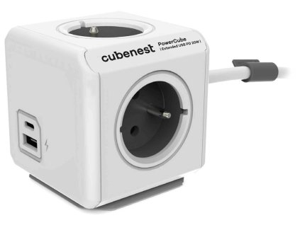 Cubenest Powercube Extended USB PD 20W, A+C, 4× zásuvka, 3m, bílá/šedá, dětská pojistka, uzemnění, dok, 10A/250V PC520GY