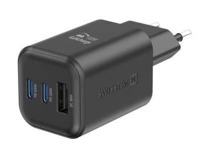 Swissten síťový adaptér gan 2x usb-c 65w pd + 1x usb-a 18w qc černý 22071410