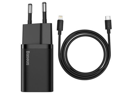 Baseus rýchlonabíjačka do siete Super Si USB-C PD QC 20W čierna s káblom USB-C/Lightning 1m 6953156230057