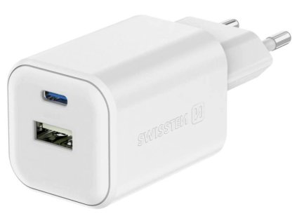 Swissten síťový adaptér gan 1x usb-c 45w pd + 1x usb-a 18w qc bílý 22071300
