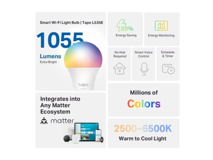 TP-LINK "Smart Light Bulb, Multicolor,MatterSPEC: A60 bulb, E27 base, 220~240V, 50/60 Hz, 8.6W, 16 Million Colors, 2500 Tapo L535E
