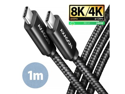 AXAGON BUCM4X-CM10AB NewGEN+ kábel USB-C <-> USB-C, 1m, USB4 Gen 3×2, PD 240W 5A, 8K HD, ALU, opletenie, čierny BUCM4X-CM10AB