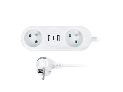 Solight 2z + USB A+C 17W, cestovní prodlužovací přívod 1.5m, bílý PP154C