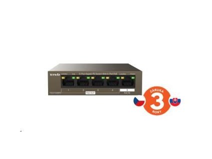 Tenda TEG1105PD - 5-portový PoE PD Gigabit Ethernet Switch, 1x PoE IN, 4x PoE OUT, kovový, bez ventilátora TEG1105PD