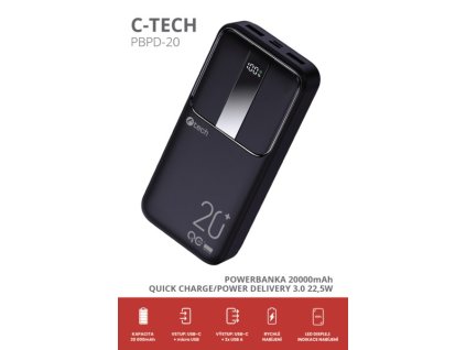 C-TECH Powerbanka 20000mAh, Li-Pol, 22,5W, USB-C/USB-A/micro USB PBPD-20
