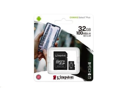32 GB . microSDHC karta Kingston Canvas Select Plus Class 10 (r/w 100/10 MB/s) + adaptér SDCS2/32GB