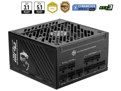 MSI zdroj MPG A1250GS PCIE5/ 1250W/ ATX3.1/ akt. PFC/ 10 let celk. záruka/ 135mm fan/ modulární kabeláž/ 80PLUS Gold