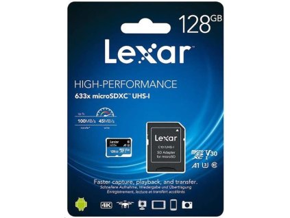 128GB Lexar® High-Performance 633x microSDXC™ UHS-I, up to 100MB/s read 45MB/s write C10 A1 V30 U3, Global LSDMI128BB633A