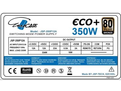 Zdroj Eurocase Eco+ 350W, 80PLUS BRONZE, 12cm ventilátor, bulk ECO350