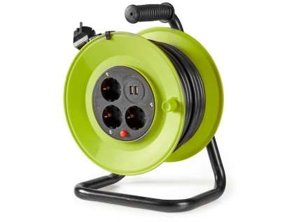 NEDIS kabelový buben/ 3x 1,5 mm2/ 3x zásuvka/ tepelná elektrická pojistka/ Typ F/ USB/ zeleno-černá/ 25 m PECCR25UFGN
