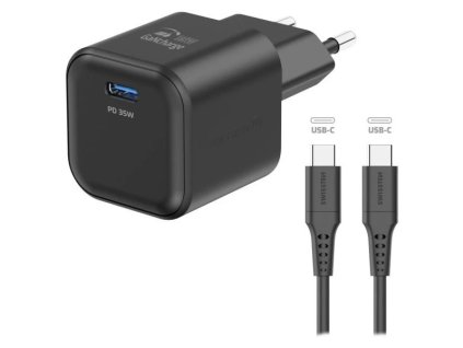 Swissten síťový adaptér gan 1x usb-c 35w power delivery černý + datový kabel usb-c/usb-c 1,2 m černý 22070230