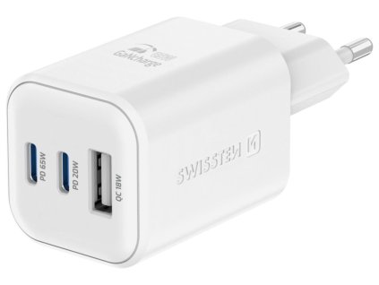 Swissten síťový adaptér gan 2x usb-c 65w pd + 1x usb-a 18w qc bílý 22071400