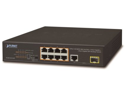 Planet FGSD-1011HP PoE switch, 8x 10/100 PoE, 1x TP + 1x SFP 1000Base-X, extend mód 10Mb, ESD, 802.3at 120W, fanless FGSD-1011HP
