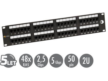 19'' patch panel Solarix 48 x RJ45 CAT6 UTP 350 MHz čierny 2U SX48-6-UTP-BK 24200048
