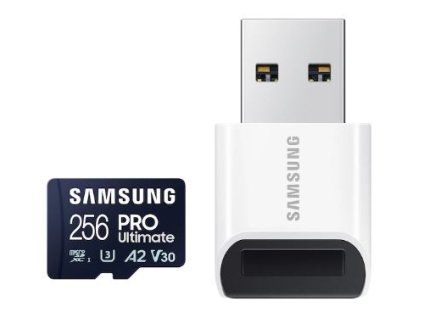 256 GB . microSDXC karta Samsung PRO Ultimate + USB adapter (U3, V30, A2), (r200MB/s, w130MB/s) MB-MY256SB/WW