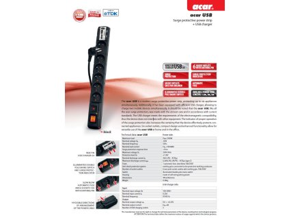 Acar USB 3m kabel 6 zásuvek 2xUSB přep.ochr.černý ppacarusb-3