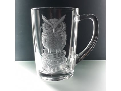 Hrnek skleněný na čaj 250ml s rytinou sovy - ručně ryté (broušené), dárková krabička