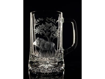 půllitr s divočákem  - ručně ryté (broušené), dárek pro myslivce