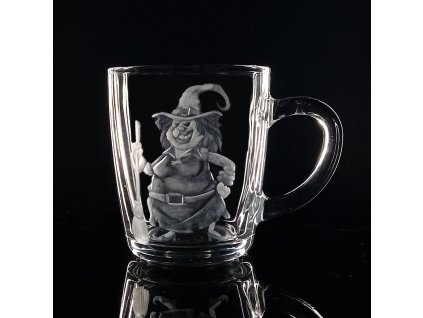 hrnek skleněný na čaj 300ml s rytinou čarodějnice  - ručně ryté (broušené), dárková krabička