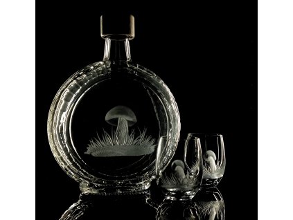 dárek pro houbaře, lahev 700ml + 2ks likér s kozákem  - ručně ryté (broušené) dárková krabička, dárek pro houbaře