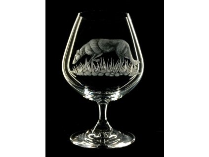 sklenice na brandy 350ml Lara s rytinou stopujícího psa  - ručně ryté (broušené), dárková krabička