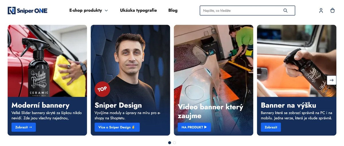 Šablóna SNIPER ONE – úvodná stránka s carouselom bannerov na výšku, v jednom z nich beží video