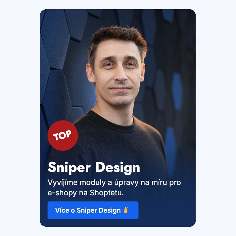 Snímek carouselu na výšku z úvodní stránky ukázkového obchodu: Kamil u stěny v barvách šablony, dole nadpis Sniper Design a tlačítko