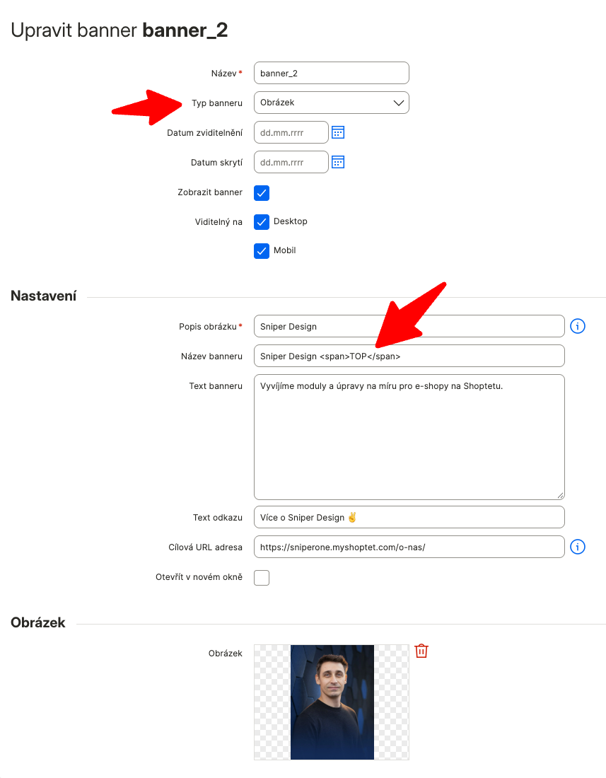 Vyplněný banner carouselu v administraci