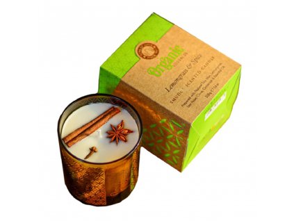 8936 3 arome organicka vykurovacia sviecka 200g v skle so zlatou foliou lemongrass spice 1ks