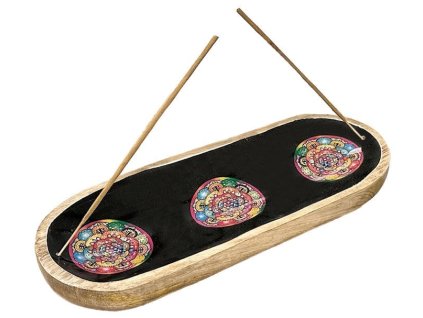 Mango Meena Work Incense Holder Black Mandala 28cm Porte encens Artisanat Porte Encens Bois