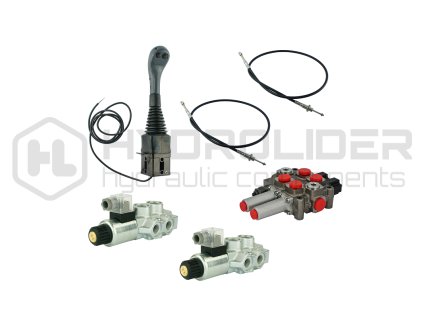 4sekźnˇ hydraulick  sada: 60L rozdŘlovaź s plovoucˇ sekcˇ + dva 6/2 elektromagnetick‚ ventily + joystick se dvŘma tlaźˇtky + dva 1m kabely