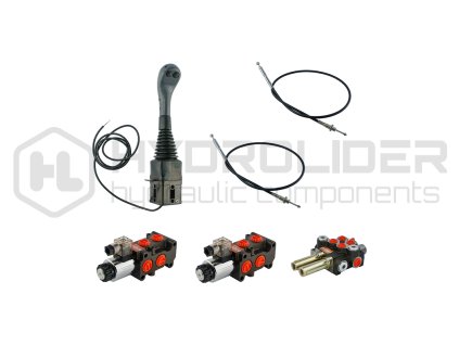 4sekźnˇ hydraulick  sada 40L/min: Joystick 2 tlaźˇtka + 2x Kabel 2m + 2sek. rozdŘlovaź 40L s jednou plovoucˇ sekcˇ + 2x Solenoidově ventil