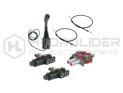 Hydraulick  sada 4-sekźnˇ joystick 2 tlaźˇtka + 2x 2m kabel + 2-sek. rozdŘlovaź 90l (1x plovoucˇ) + 2x elektromagnetickě ventil 6/2 pro 3 a 4 sekce (drap k, krokoděl)