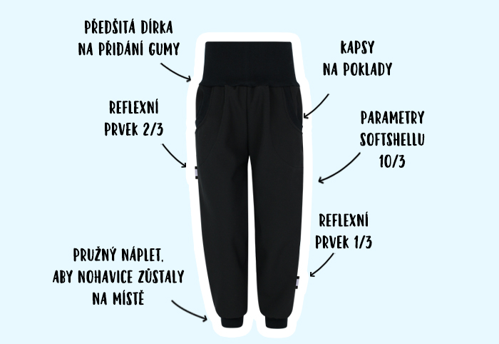 Infografika - dětské černé softshellové kalhoty