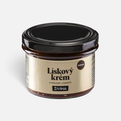 Lískový krém s kakaem a kousky lískáčů, slazený datlovým sirupem 220 g