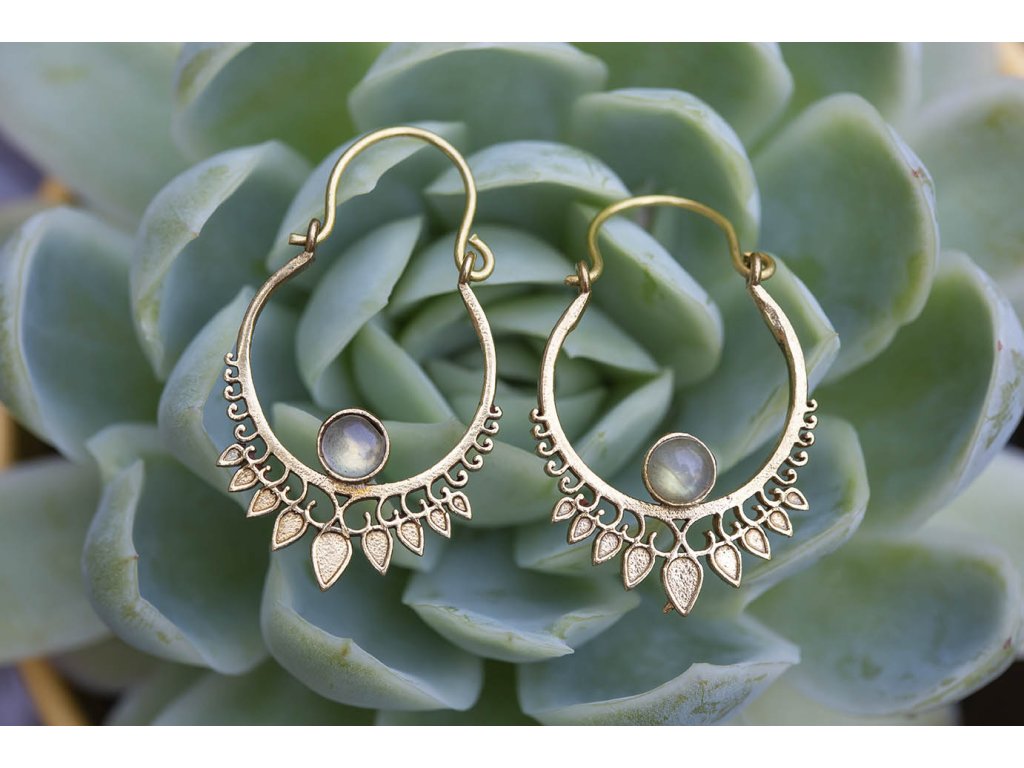 Náušnice drahokam s lístky Labradorit (Drahokam Labradorit, Materiál Mosaz)