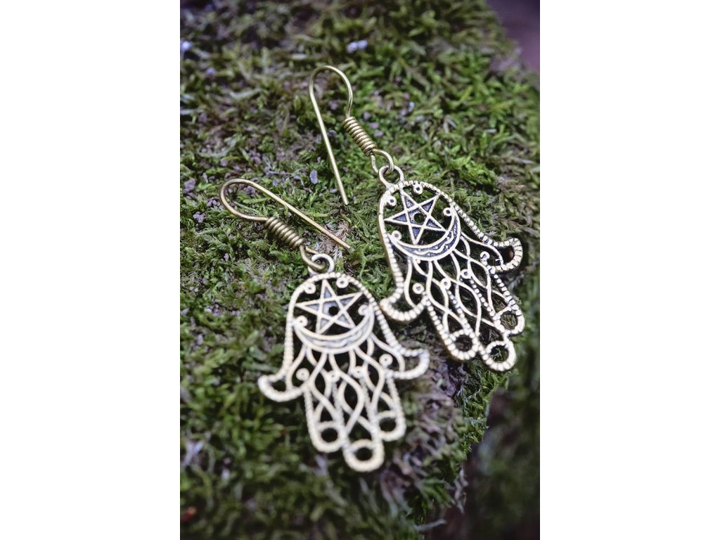 Náušnice Hamsy s pentagramem (Barva Zlatá, Materiál Mosaz, Symbol Pentagram)