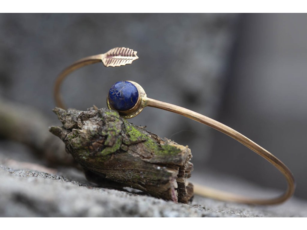 Náramek kámen a lístek (Drahokam Lapis lazuli, Materiál Mosaz)