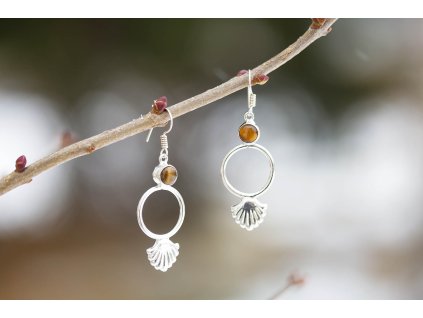 Náušnice drahokam s mušlí (Drahokam Tygří oko, Materiál Drahé kameny)