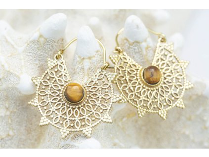 Náušnice kámen ve zdobné pavučině Tygří oko (Drahokam Tygří oko, Materiál Mosaz)