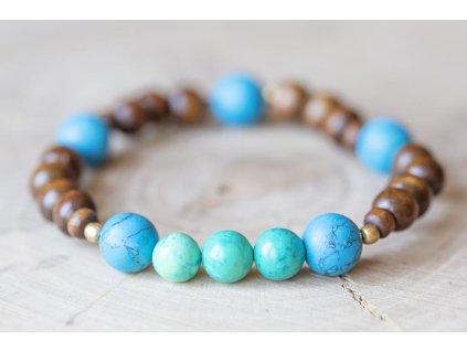 Náramek s tyrkysy L (Velikost náramku L, Materiál Dřevo, Drahokam Tyrkys)