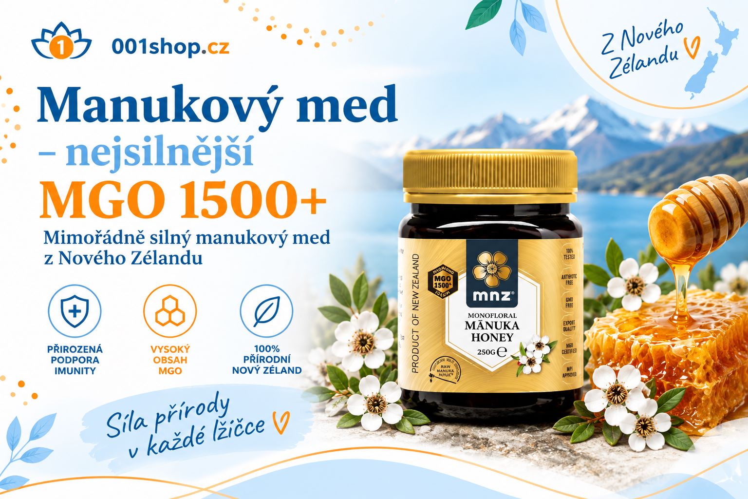 MNZ RAW Manukový med MGO 1500+ – mimořádně silný manukový med z Nového Zélandu