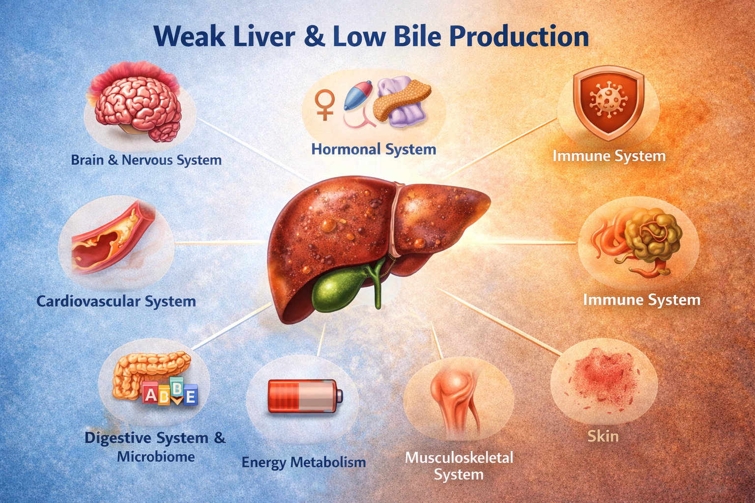 Jaké další orgány a systémy mohou ovlivňovat oslabená játra a nedostatečná produkce žluči