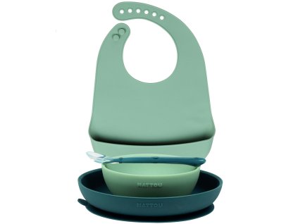 Nattou jedálenský set silikónový s podbradníkom 4 kusy zelený