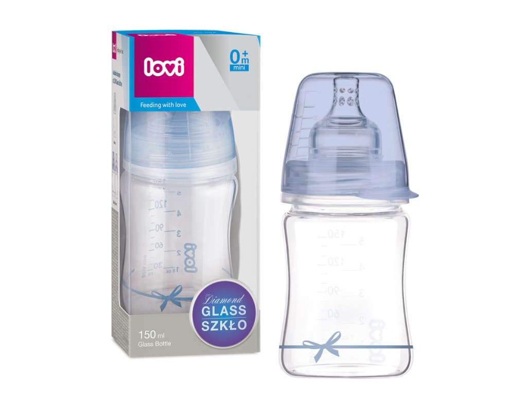 Lovi sklenená dojčenská fľaša Diamond Glass 150 ml modrá