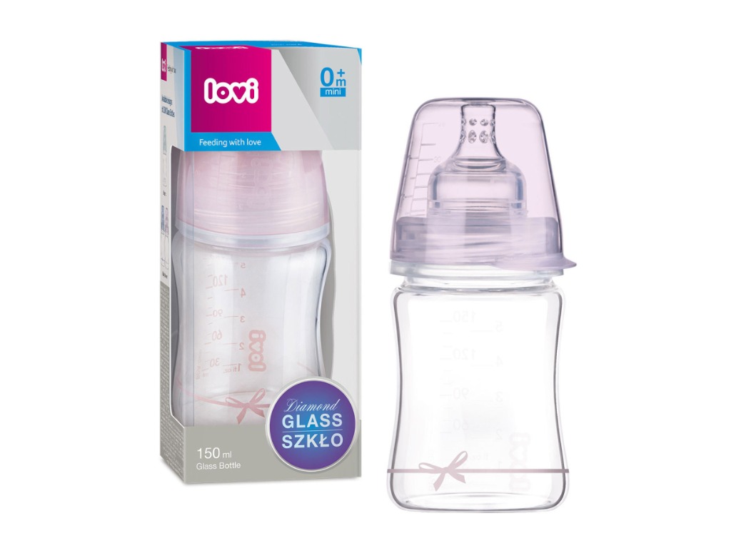 Lovi sklenená dojčenská fľaša Diamond Glass 150 ml ružová