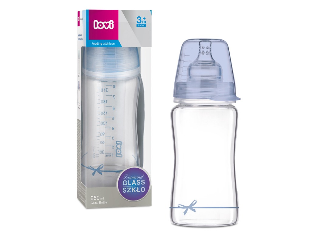 Lovi sklenená dojčenská fľaša Diamond Glass 250 ml modrá
