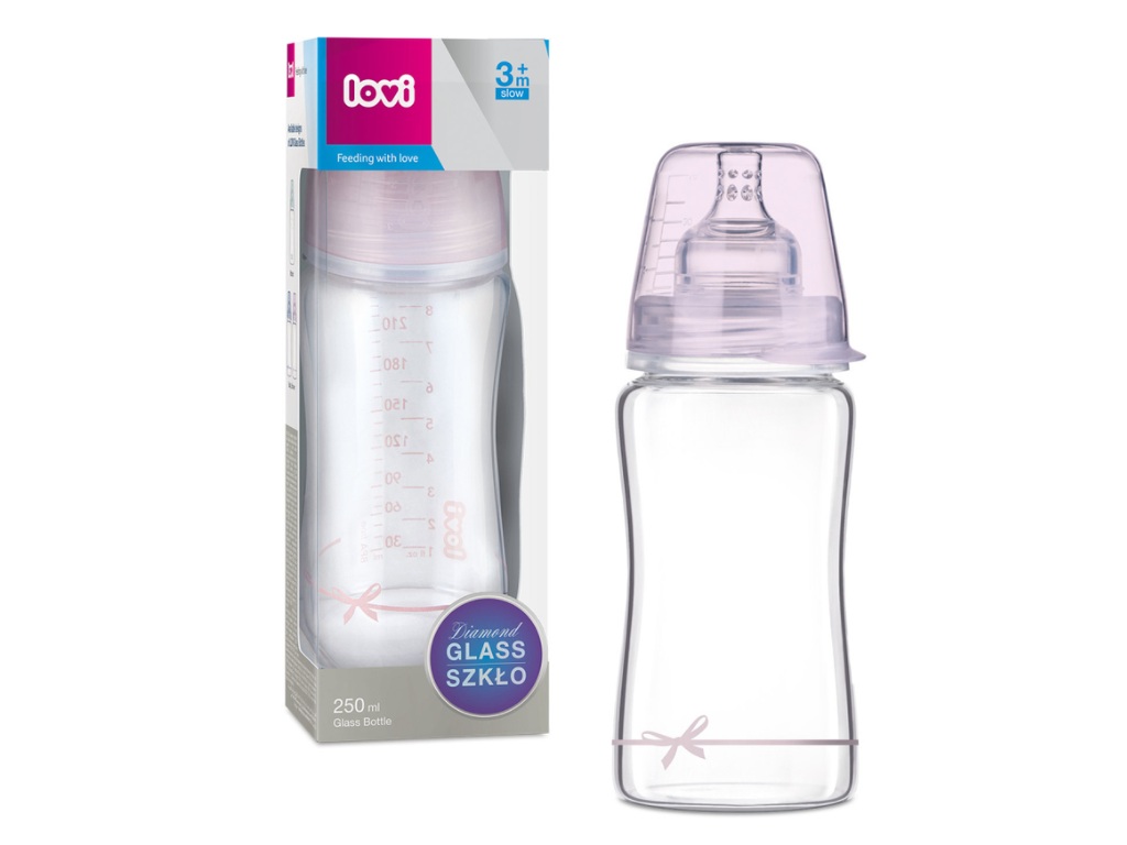 Lovi sklenená dojčenská fľaša Diamond Glass 250 ml ružová