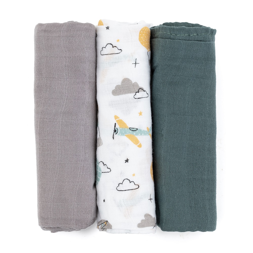 PETITEMARS Mušelínové plienky Petite&Mars Moussy Grey Planes 3 kusy