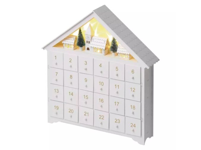 LED drevený adventný kalendár domček, 35x33cm
